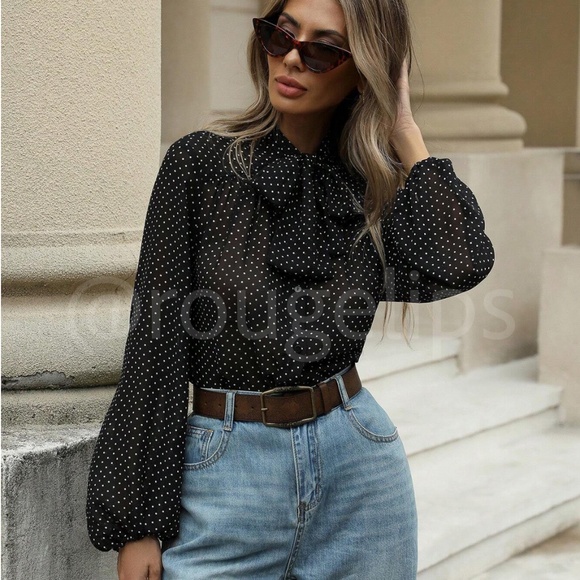 Black Polka Dot Tie Neck Loose Fitting Button Down Shirt Blouse